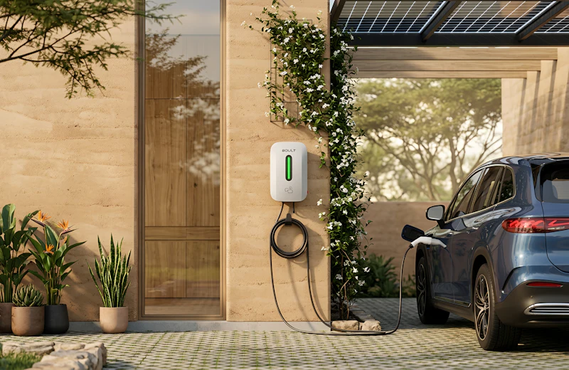 EV charging station on a house wall with a car in the driveway