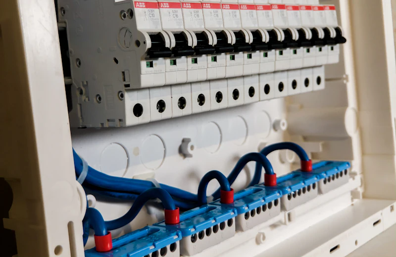 Switchboard with new circuit breakers and blue-marked wiring